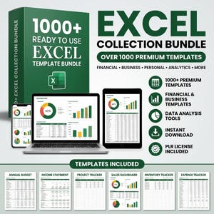 May include: A digital product bundle featuring a green box labeled 1000+ READY TO USE EXCEL TEMPLATE BUNDLE. It includes a laptop, tablet, and smartphone displaying data dashboards, plus a list of templates like Annual Budget and Sales Dashboard.