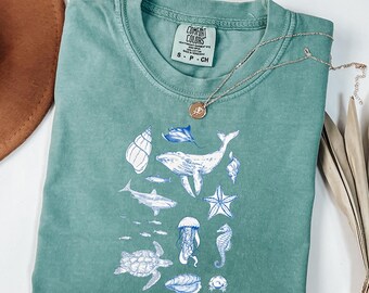 Ocean Life Shirt, Vintage 90er Jahre Meerestiere T-Shirt, Retro Ocean Wildlife T-Shirt, Wal Delfin Schildkröte Top, Küstenstrand Y2K Marine Life Geschenk Outfit