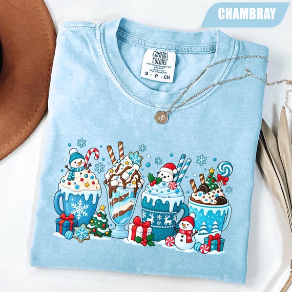 Winter Hot Cocoa Shirt, Snowman Coffee Lovers Tee, Cozy Christmas Drink Shirt, Blue Holiday Beverage Tee, Christmas Cafe Gift, Trendy Shirt