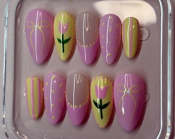 Uñas postizas de color amarillo mantequilla y rosa pastel / Uñas postizas reutilizables Coquette / Uñas de lujo delicadas
