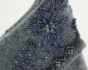 Grey Silver Christmas Stocking Felted Lambswool Floral Flowers Beaded Repurposed Jillian Jones Sweater Soft Recycled OOAK Upcycled 1218