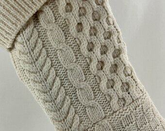 Christmas Stocking Wool Fisherman Cable Knit Cream Almond Off White Ireland Repurposed Sweater 1383