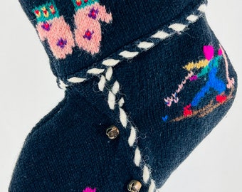 Black Christmas Stocking Wool Felt Skiers Mittens Tree Horse Drawn Sleigh Snowflake Striped Jingle Bell Buttons Susan Bristol Sweater 1356