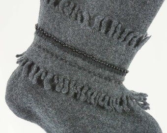 Christmas Stocking Boiled Wool Skyr Jacket Fringe Beads Steel Grey OOAK Repurposed Recycled Upcycled 1026
