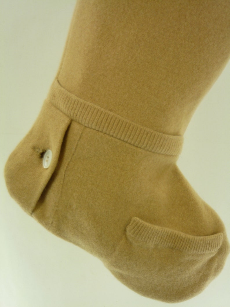 Christmas Stocking Cashmere Wool Felt Scotland McGeorge Sweater OOAK Camel Tan Beige Mother of Pearl Button Recycled Repurposed 968