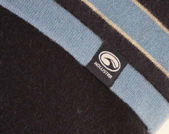 Christmas Stocking Stripes Felted Wool Hollister Navy Blue Baby Blue Sweater Recycled Repurposed Upcycled 074