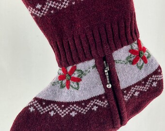 Maroon Fair Isle Wool Knit Christmas Stocking Pointsettia White Red Green Embroidery Repurposed Sweater Upcycled Recycled Winter Zipper 1336