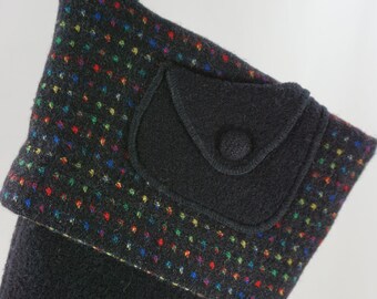 Christmas Stocking Boiled Wool Rainbow Dots Black Pocket Buttons Canvasbacks Jacket OOAK Repurposed Recycled Upcycled 1073