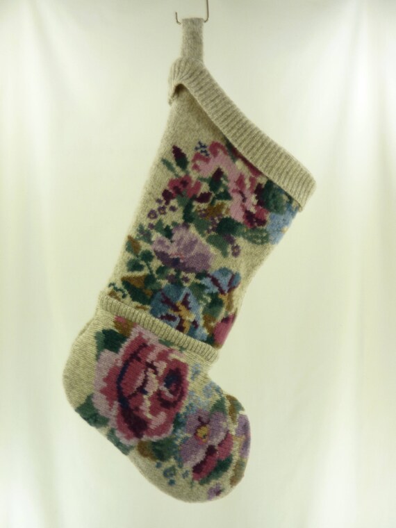 Christmas Stocking Wool Felt Flowers Floral Oatmeal Pink Green Etsy