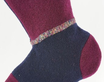 Christmas Stocking Boiled Wool Felt Navy Blue Burgundy Tan Tweed Repurposed Koret Sweater Faux Bronze Metal Buttons Recycled Upcycled 1118
