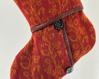 Christmas Stocking Red Floral Vines Wool Leather Norway Repurposed Sweater CoatTextured Metal Buttons Upcycled Mantel Recycled 1341