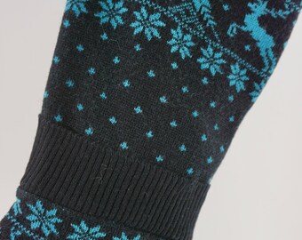 Christmas Stocking Wool Felt Reindeer Deer Demetre Sweater Black Turquoise Snowflakes Winter OOAK Repurposed Recycled Upcycled 1133