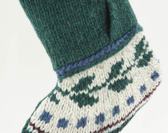 Christmas Stocking Wool Ecuador Folklore Peguche Sweater Hand Made Blue Green Wine OOAK Recycled Repurposed Upcycled 1067