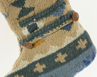 Christmas Stocking Wool Felt Bolivia Nomadic Traders Sweater Native American Patterns Tan Blue Grey Gold Off White Wooden Buttons 1119