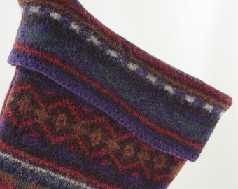 Christmas Stocking Boiled Wool Sweater Coat Native Pattern Purple Red Black White Green Brown Repurposed Recycled Upcycled 1210