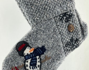 Snowman Christmas Stocking Gray Wool Hand Embroidered Snowflakes Winter Mantel Decor Faux Wood Buttons Repurposed Sweater OOAK 1332