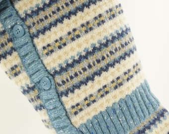 Medias de Navidad Lana Azul Amarillo Gris Rayas Isla de la Feria Reutilizado Suéter de invierno Botones reciclados Reciclado Reciclado 485