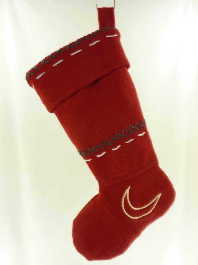 Christmas Stocking Boiled Wool Felt Applique Embroidery Evergreen Trees Moose Red White OOAK Coldwater Creek Sweater Topstitching 920