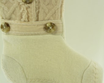 Christmas Stocking Boiled Wool Cable Knit Felt Cream Off White Fringe Buttons Repurposed Sigrid Olsen Sweater OOAK Recycled Upcycled 926