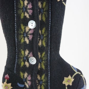 Christmas Stocking Wool Felt Embroidered Floral Flowers Mother of Pearl Buttons Hanger Black Green Mauve Pink Blue Pastels Repurposed 1234