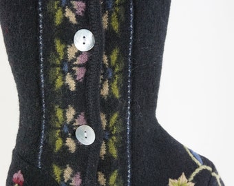 Christmas Stocking Wool Felt Embroidered Floral Flowers Mother of Pearl Buttons Hanger Black Green Mauve Pink Blue Pastels Repurposed 1234