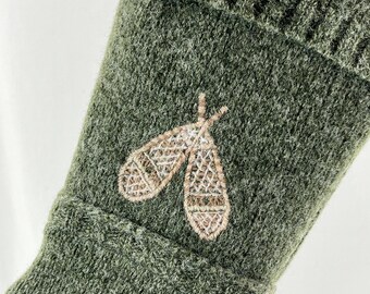Snowshoes Snowflakes Christmas Stocking Olive Green Wool Tan Embroidery Repurposed  Sweater Winter Upcycled Recycled 1346