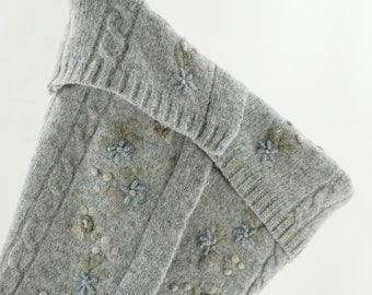 Christmas Stocking Wool Grey 3D Floral Flowers Embroidery Buttons Blue Cable Knit Eddie Bauer Repurposed Recycled Upcycled 1088