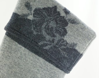 Christmas Stocking Felted Wool Felt Grey Charcoal Flowers Floral Recycled Repurposed Upcycled 092