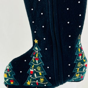 Weihnachtsbaum-Strumpf Schwarze Wolle Kunstperlen Stickerei Gold Metallic Faden Applikation Reißverschluss Rot Grün Rezwecked CharterClub Pullover 1345