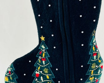 Christmas Tree Stocking Black Wool Faux Pearls Embroidery Gold Metallic Thread Applique Zipper Red Green Repurposed CharterClub Sweater 1345