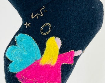 Angel Needle Felting Embroidery Gold Star Sparkle Beadwork Black Boiled Wool Christmas Stocking Repurposed Sweater Upcycled  Religious 1363