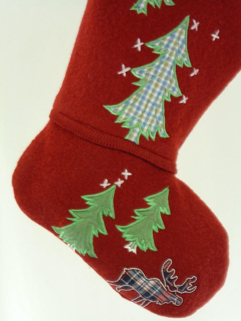 Christmas Stocking Boiled Wool Felt Applique Embroidery Evergreen Trees Moose Red White OOAK Coldwater Creek Sweater Topstitching 920