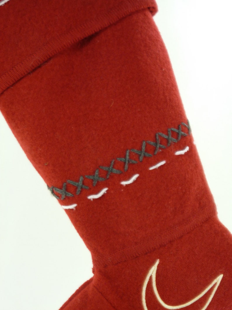 Christmas Stocking Boiled Wool Felt Applique Embroidery Evergreen Trees Moose Red White OOAK Coldwater Creek Sweater Topstitching 920