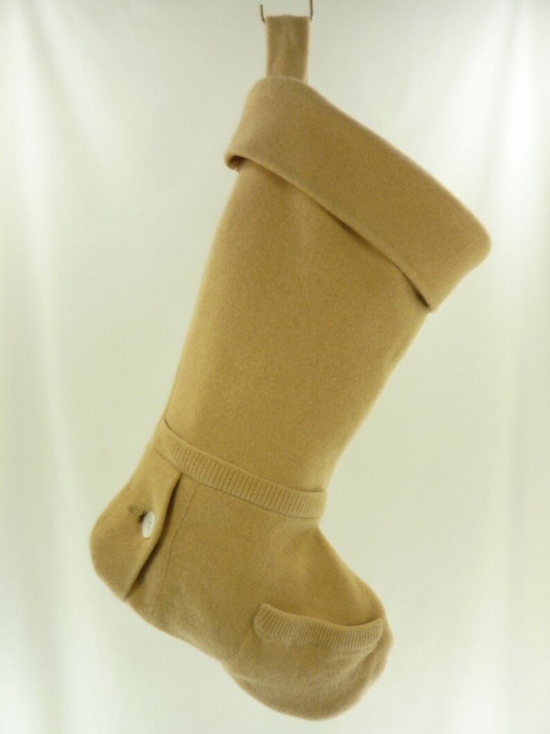 Christmas Stocking Cashmere Wool Felt Scotland McGeorge Sweater OOAK Camel Tan Beige Mother of Pearl Button Recycled Repurposed 968