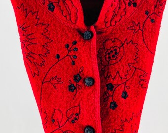 Medias navideñas rojas de lana hervida con flores y bordados negros con botones de puño de mono Abrigo Jillian Jones reutilizado Elegante invierno 1359