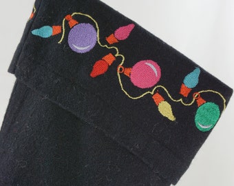 Christmas Stocking Black Wool Christmas Lights Ornaments Embroidery Pink Red Purple Orange Blue Green OOAK Repurposed Jacket Recycled 1152