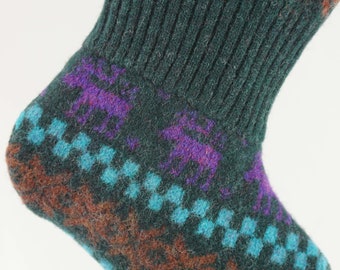 Christmas Stocking Wool Reindeer Moose Elk Deer Chaps Ralph Lauren Sweater Black Turquoise Magenta Brown Outdoors Hunters Recycled 1135