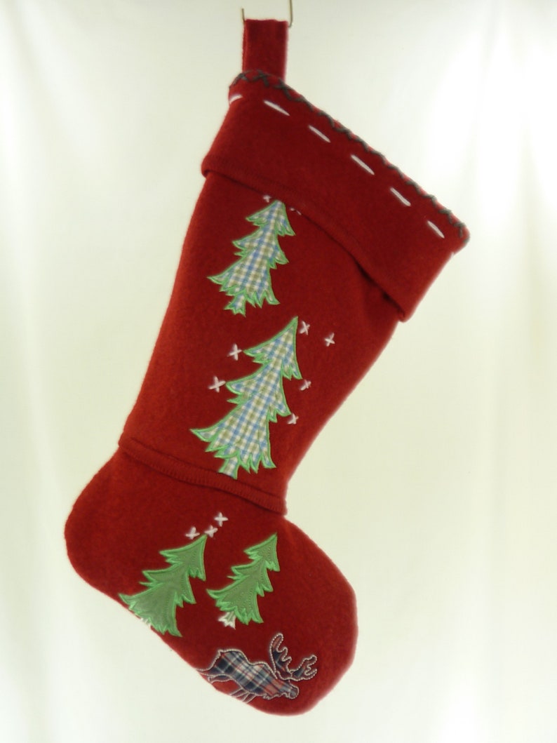 Christmas Stocking Boiled Wool Felt Applique Embroidery Evergreen Trees Moose Red White OOAK Coldwater Creek Sweater Topstitching 920