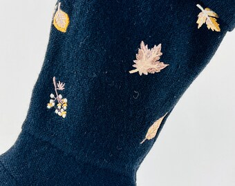Leaves Trees Fall Winter Christmas Stocking Black Boiled Wool Gold Embroidered Faux Wooden Buttons Repurposed Susan Bristol Jacket 1349
