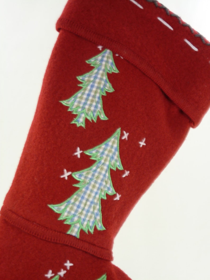 Christmas Stocking Boiled Wool Felt Applique Embroidery Evergreen Trees Moose Red White OOAK Coldwater Creek Sweater Topstitching 920