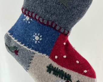 Snowflakes Ornaments Tree Holly Christmas Stocking Felted Gray Wool Applique Embroidery Winter Repurposed Talbots Sweater Upcycled OOAK 1333