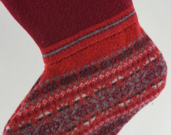 Christmas Stocking Red Wool Felt Fair Isle Grey White Striped Repurposed Gap Sweater Recycled Upcycled 1084