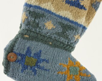 Christmas Stocking Wool Felt Bolivia Nomadic Traders Sweater Native American Sun Patterns Tan Blue Grey Gold Off White Wooden Buttons 1120
