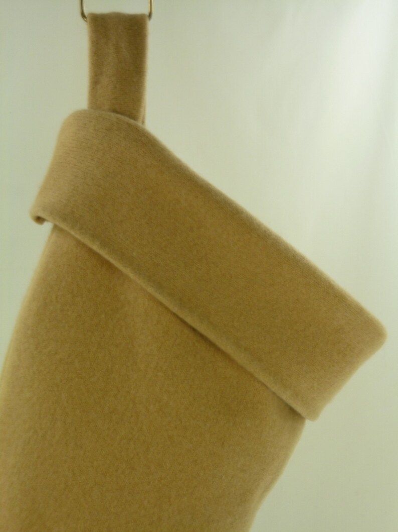 Christmas Stocking Cashmere Wool Felt Scotland McGeorge Sweater OOAK Camel Tan Beige Mother of Pearl Button Recycled Repurposed 968