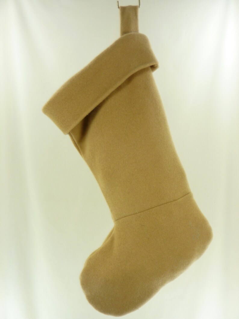 Christmas Stocking Cashmere Wool Felt Scotland McGeorge Sweater OOAK Camel Tan Beige Mother of Pearl Button Recycled Repurposed 968