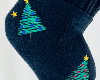 Christmas Tree Stocking Black Boiled Wool Green Gold Embroidered Trees Stars  Metallic Glimmer Thread Repurposed Studio Works Jacket 1364