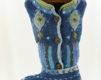 Christmas Stocking Wool Nepal Repurposed Newari Sweater Blue Lime Green Brown White OOAK Wooden Buttons 3D Hanger Recycled Upcycled 1091