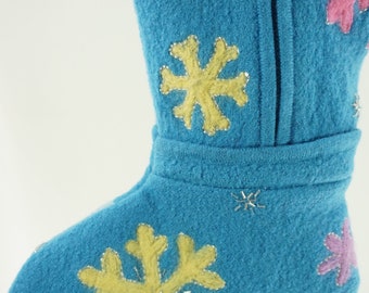 Blue Christmas Boiled Wool Stocking Snowflakes Needle Felting Embroidery Pink Yellow Repurposed Quacker Factory Sweater Recycled OOAK 1230