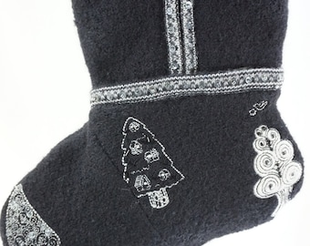 Christmas Stocking Boiled Wool Black White Sequins Embroidery Beads Trees Zipper Hanger Repurposed Recycled Upcycled Ugly Christmas  1248