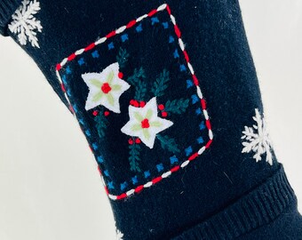 Snowflakes Christmas Stocking Felted Wool Embroidered Applique Repurposed Charter Club Sweater Black White Red Green Blue Winter 1353